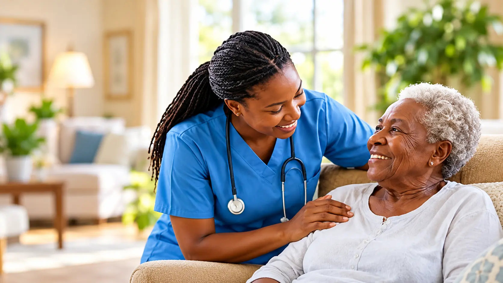 Home health caregiver supporting an elderly client at home
